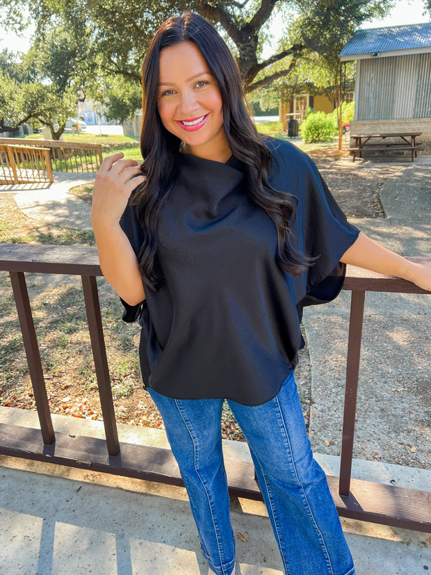 Cowl Neck Satin Top - Black