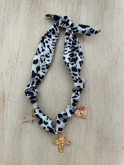 Scarf Necklace with Heart Cross and Star Charms - B/W Cheetah