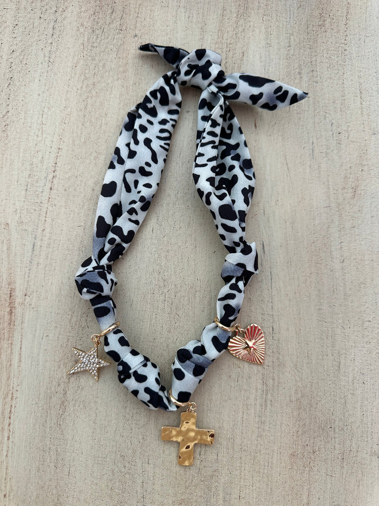 Scarf Necklace with Heart Cross and Star Charms - B/W Cheetah