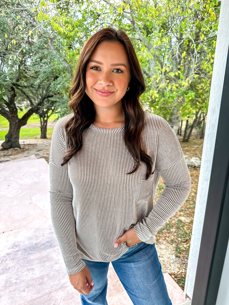 Long Sleeve Ribbed Top - Mocha