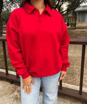 Polo Collared Oversized Top - Red