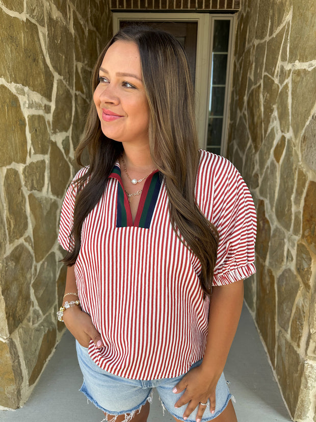 Lauren Striped Top - Brick
