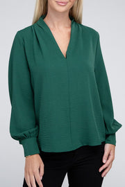 Woven Airflow V-Neck Long Sleeve Top