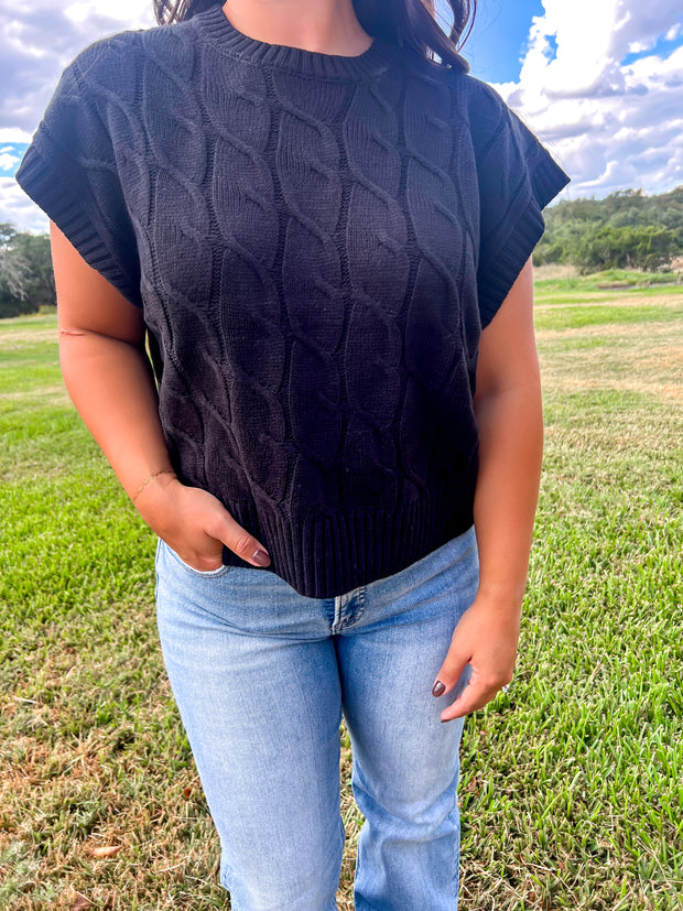 Cable Knit Sweater Vest - Black