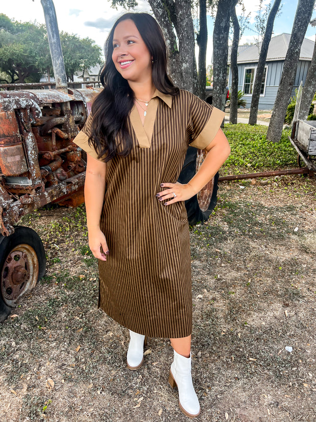 Chateau Charm Striped Dress - Brown/Gold