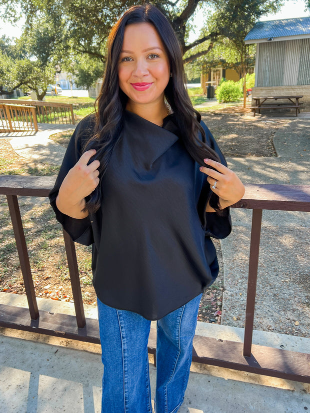 Cowl Neck Satin Top - Black