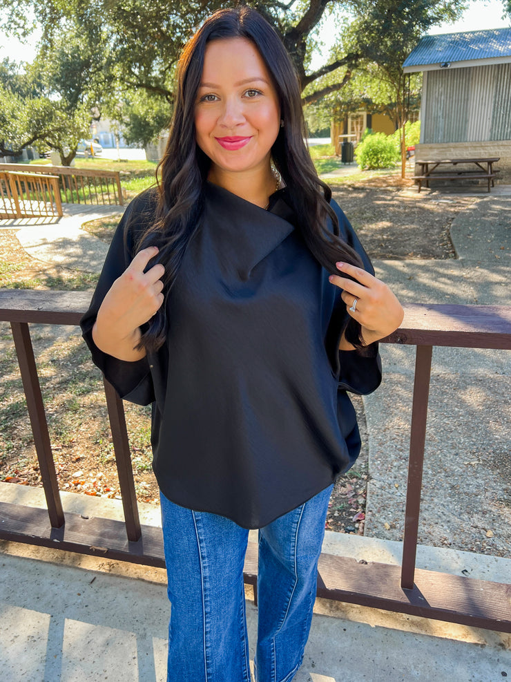 Cowl Neck Satin Top - Black