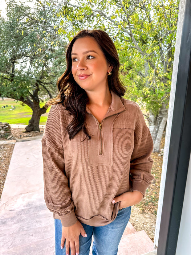 Wonderland Waffle Knit Pullover Top - Mocha