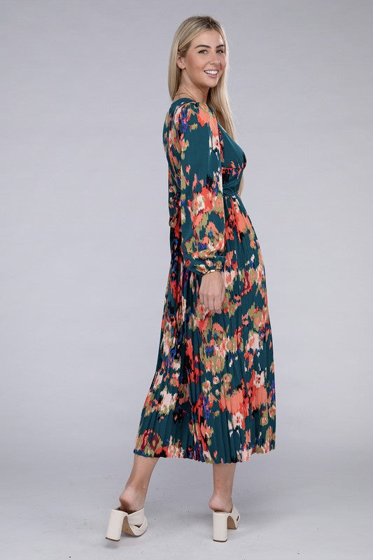Floral Satin Pleated Maxi Dress