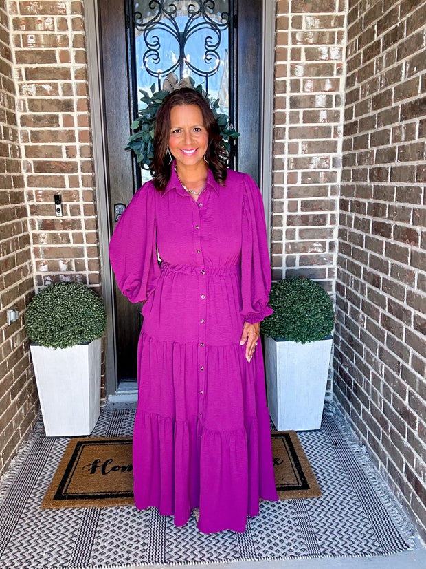 Magenta Puff Sleeve Maxi Dress