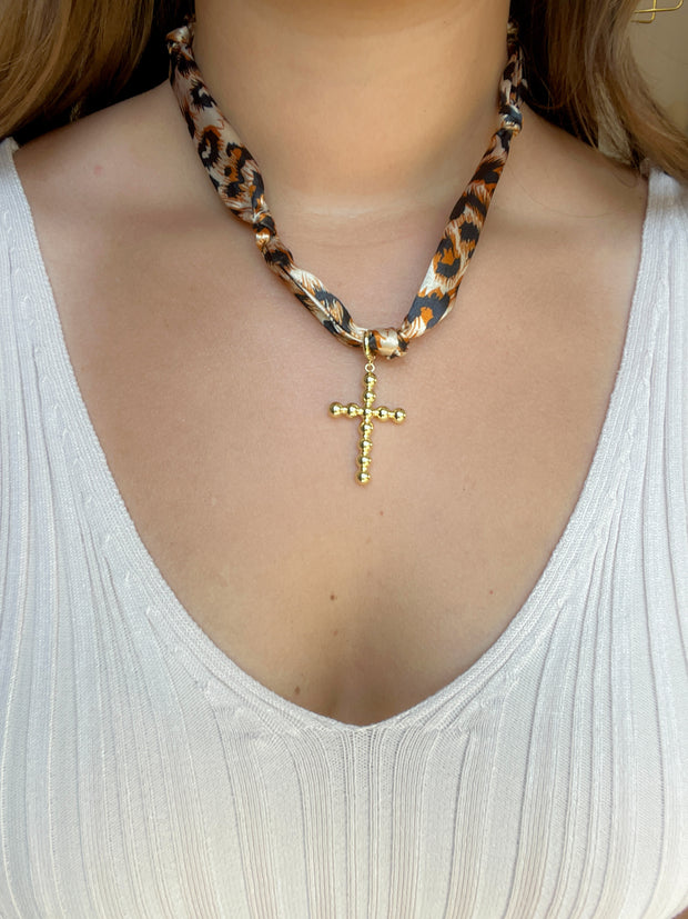 Scarf Necklace with Cross Charm - Leopard