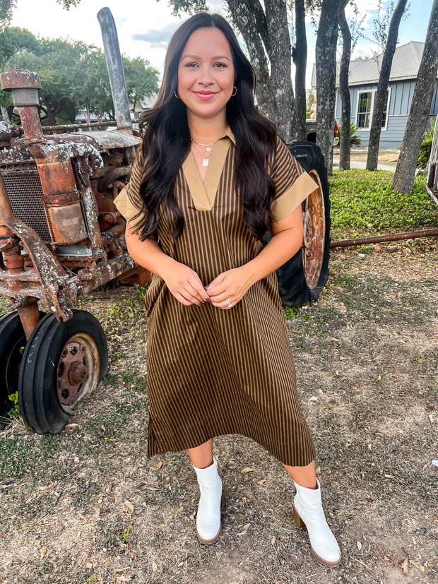 Chateau Charm Striped Dress - Brown/Gold