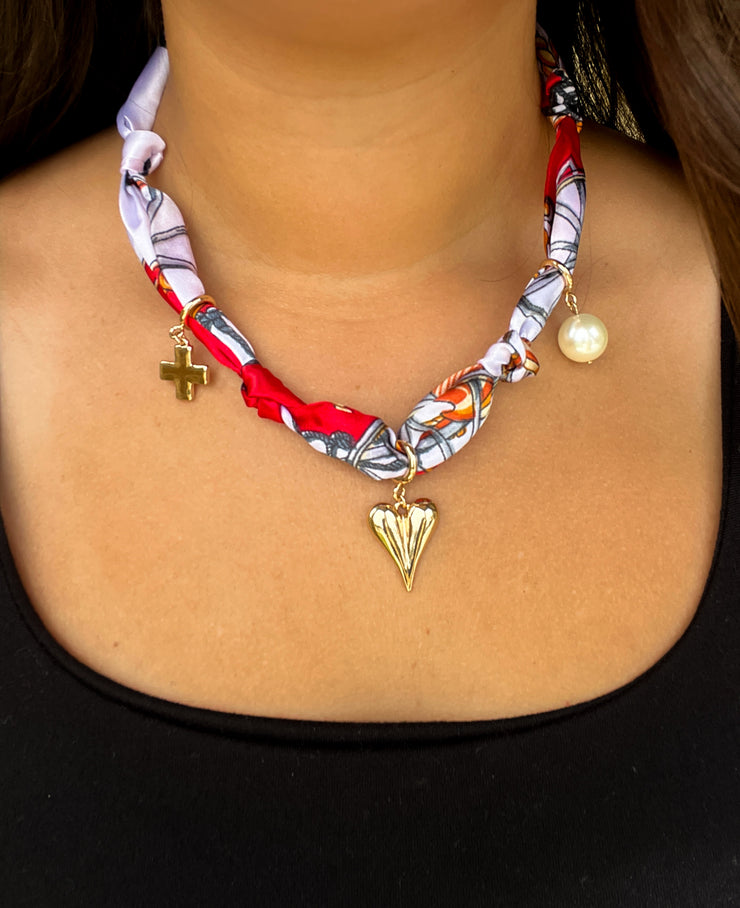 Scarf Necklace with Cross, Bow & Heart Charm - Red/White