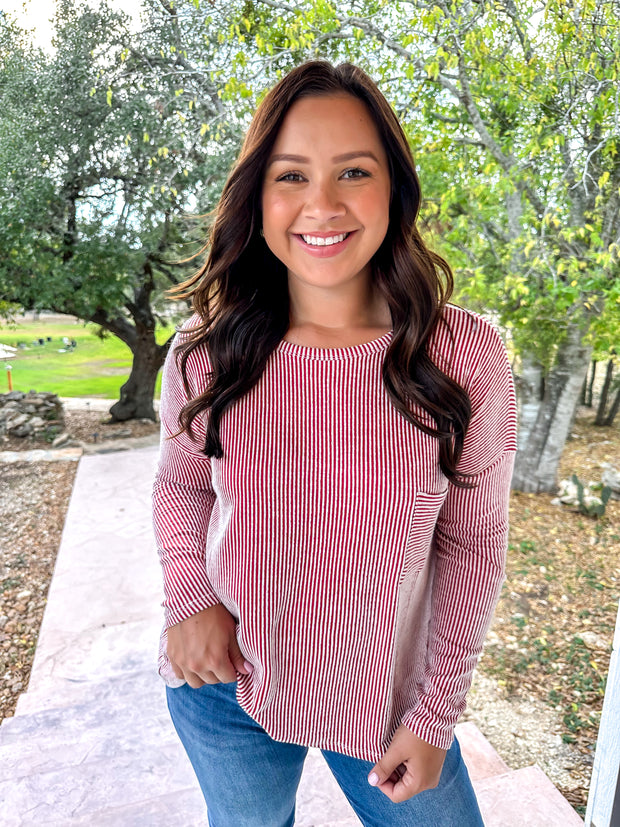 Long Sleeve Ribbed Top - Red