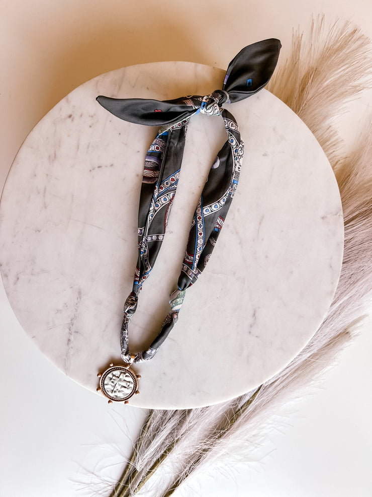 Scarf Necklace with Cross Coin Charm - Grey