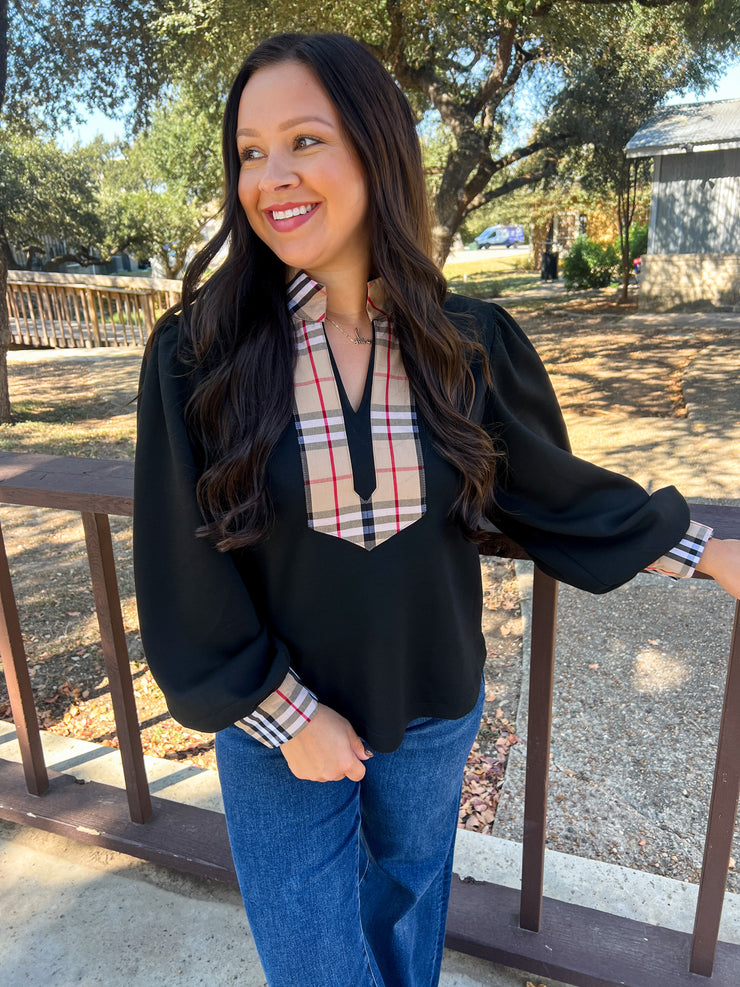 Clueless Chic Plaid Accented Top - Black