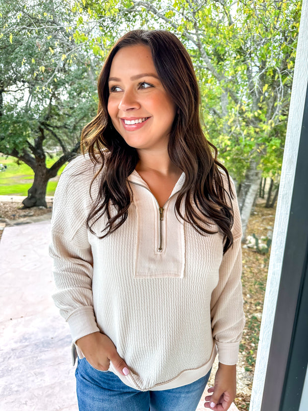 Wonderland Waffle Knit Pullover Top - Cream