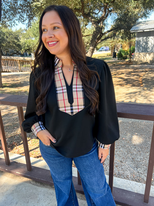 Clueless Chic Plaid Accented Top - Black