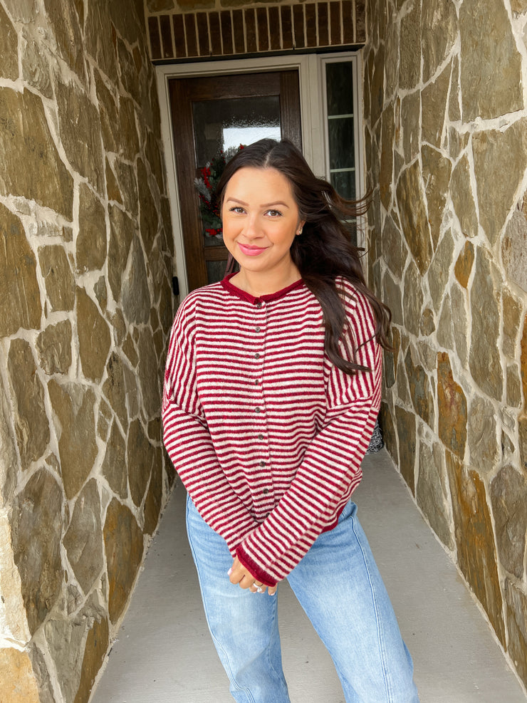Tree Farm Striped Cardigan - Deep Red