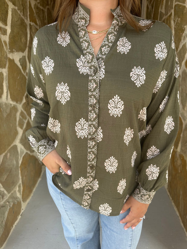 Daydream Damask Top - Olive