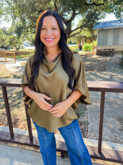 Cowl Neck Satin Top - Olive