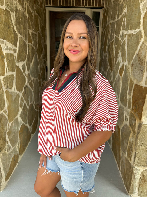 Lauren Striped Top - Brick