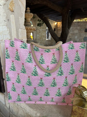 A Pink Christmas Jute Gift Bag Tote