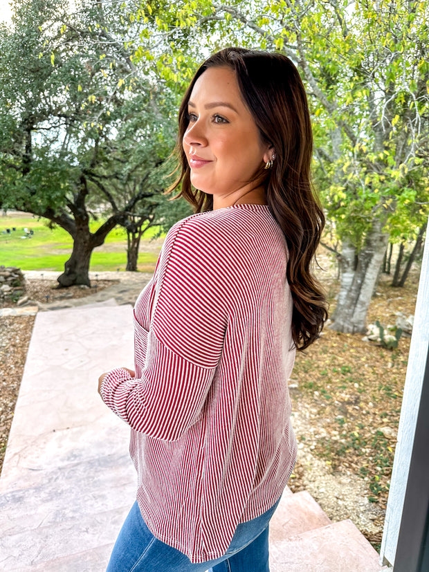 Long Sleeve Ribbed Top - Red