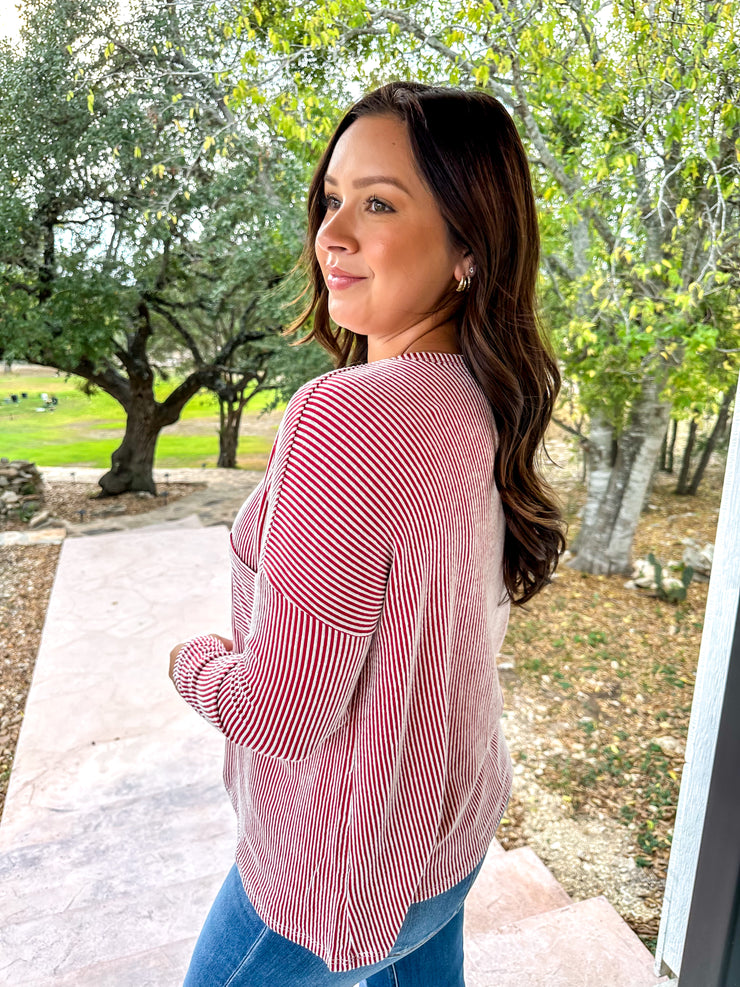 Long Sleeve Ribbed Top - Red