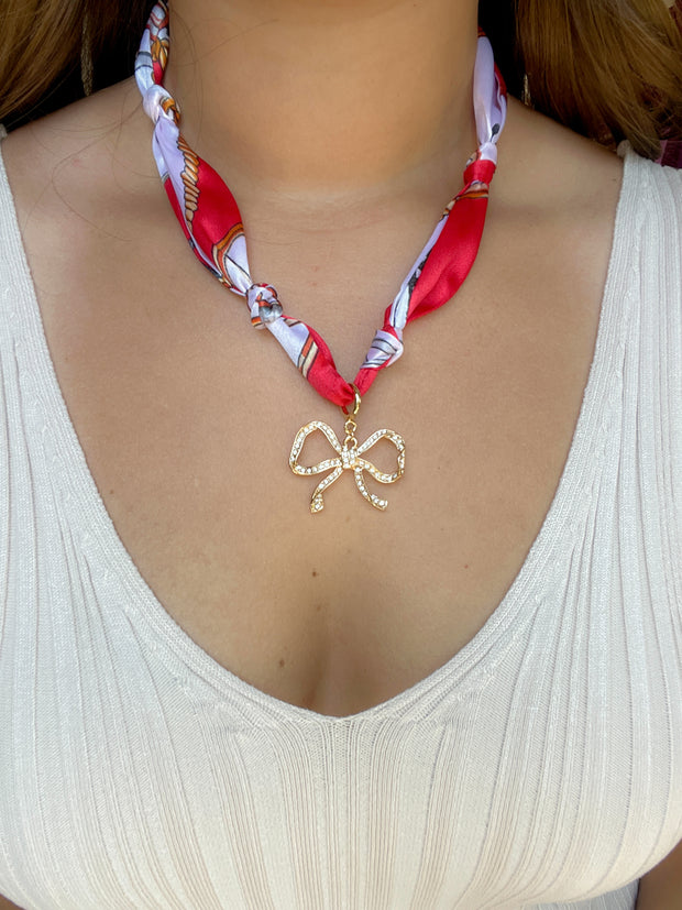 Scarf Necklace with Bow Charm - Red/White