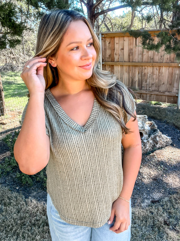 Textured V-Neck Top - Olive