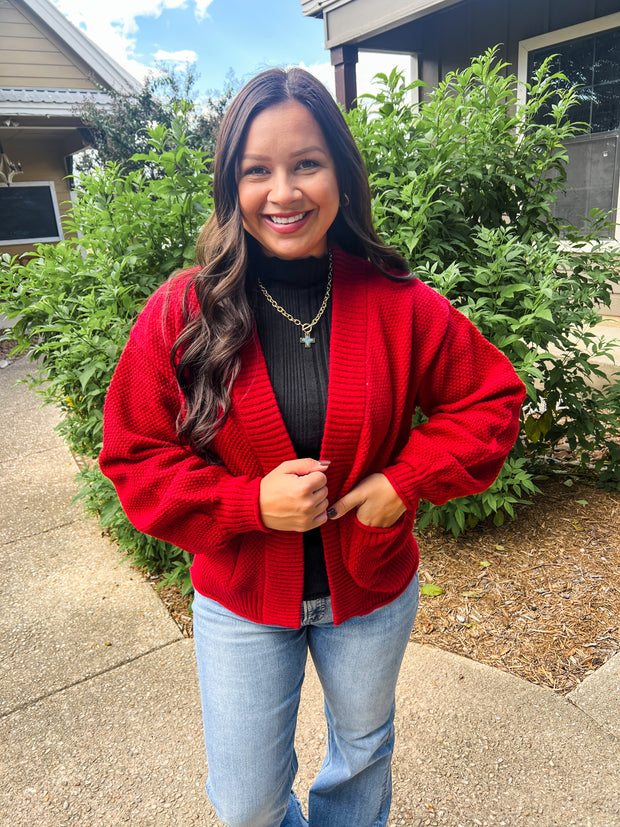 Textured Knit Cardigan - Red