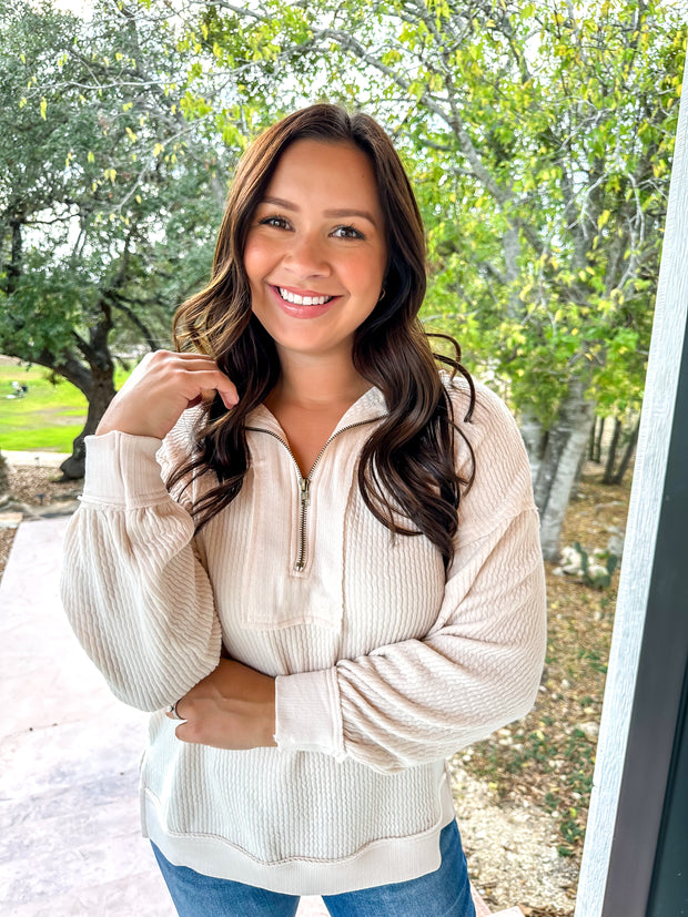 Wonderland Waffle Knit Pullover Top - Cream