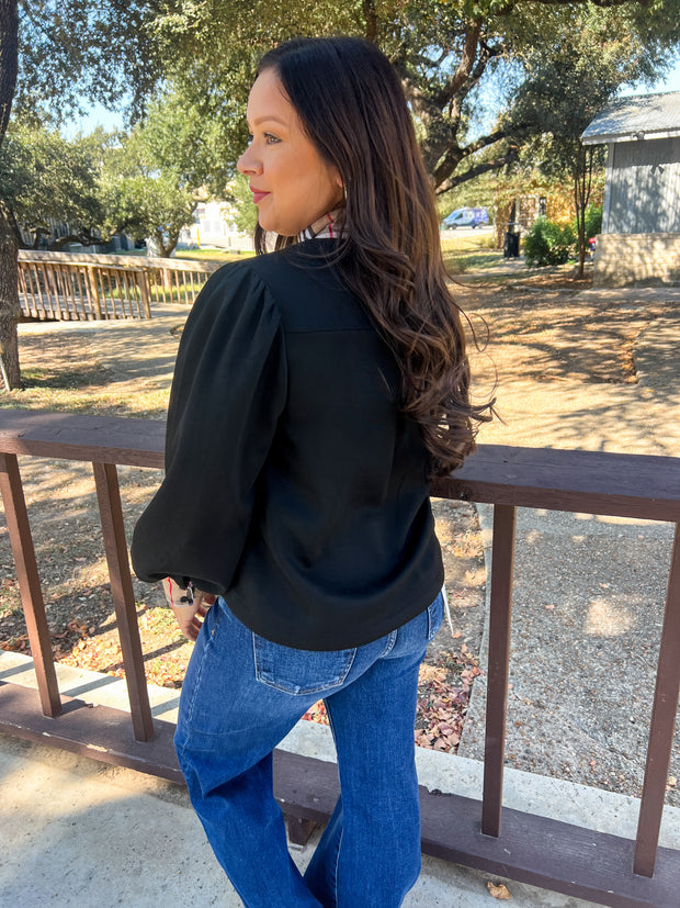Clueless Chic Plaid Accented Top - Black