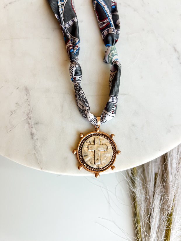 Scarf Necklace with Cross Coin Charm - Grey