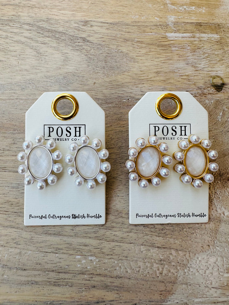Pearl Faceted Oval Post Earrings