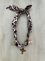 Scarf Necklace with Heart Cross and Star Charms - Cheetah