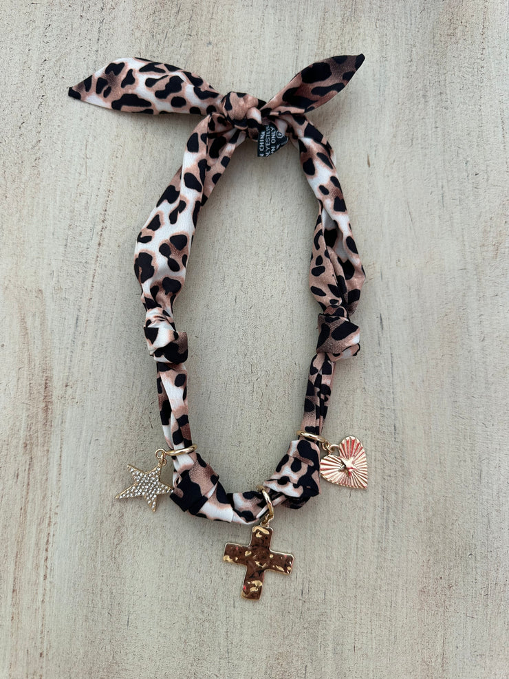 Scarf Necklace with Heart Cross and Star Charms - Cheetah