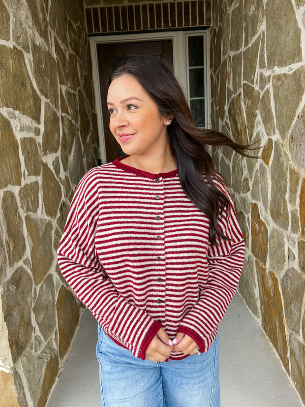 Tree Farm Striped Cardigan - Deep Red
