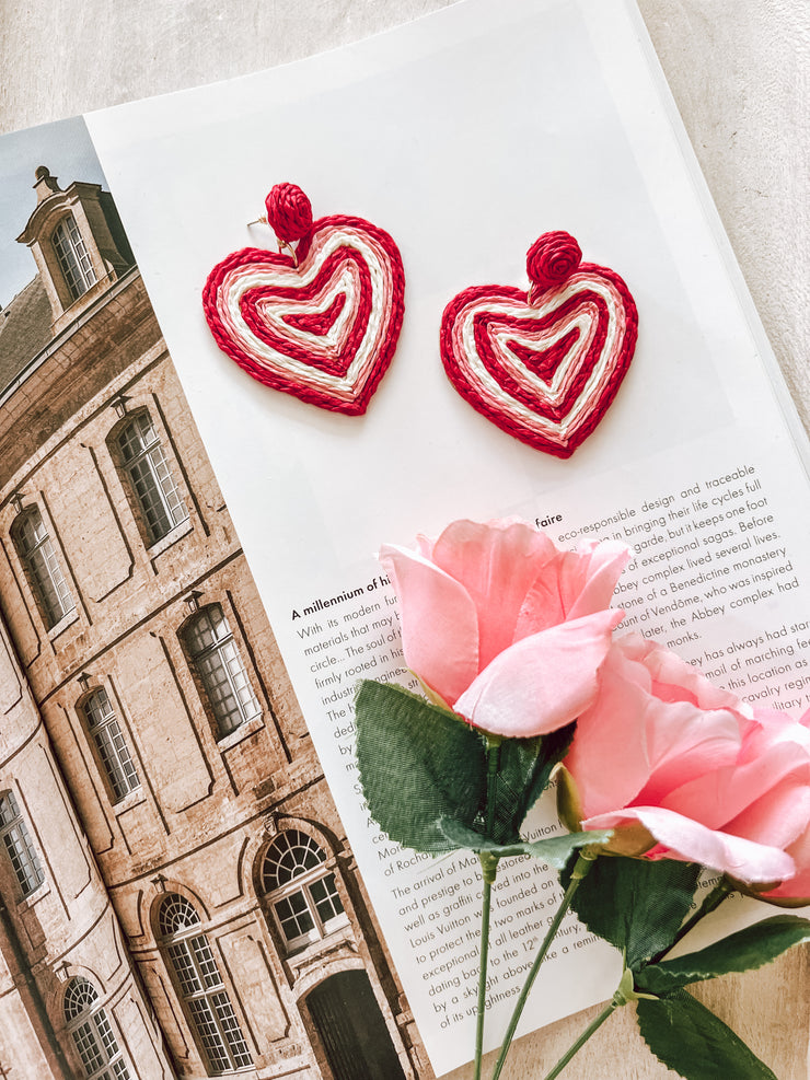 Rafia Heart Earrings - Red