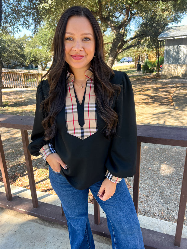 Clueless Chic Plaid Accented Top - Black