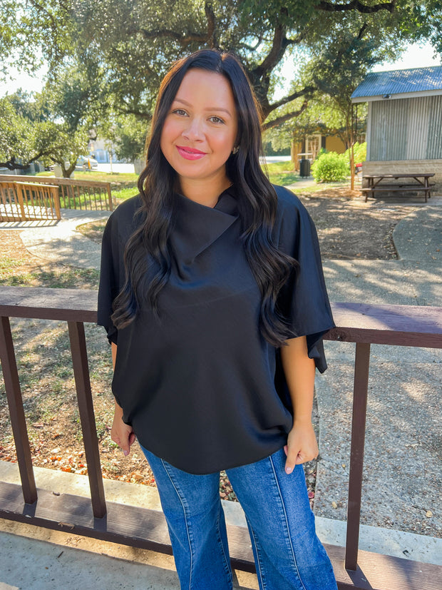 Cowl Neck Satin Top - Black