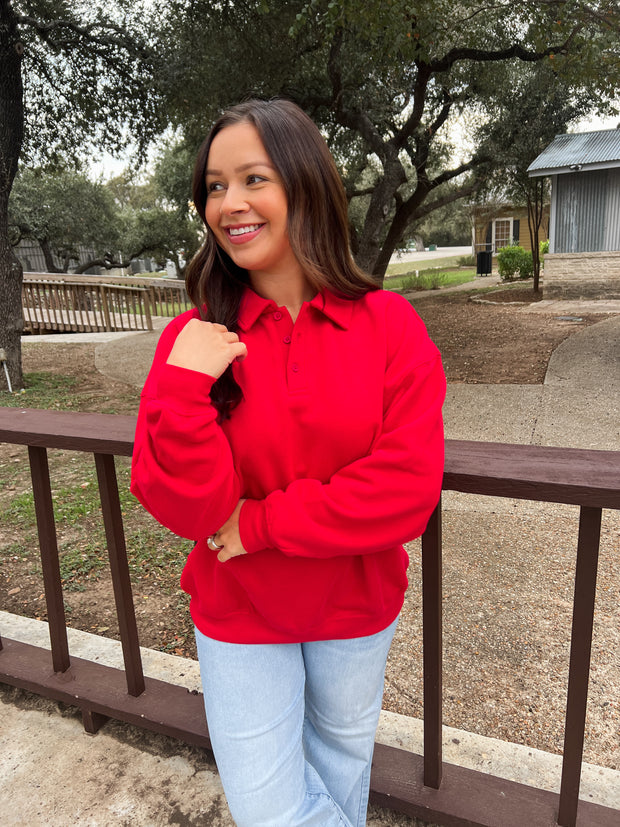 Polo Collared Oversized Top - Red