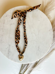 Scarf Necklace with Heart Charm - Leopard