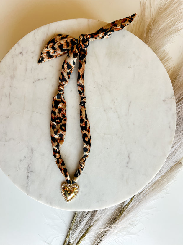 Scarf Necklace with Heart Charm - Leopard