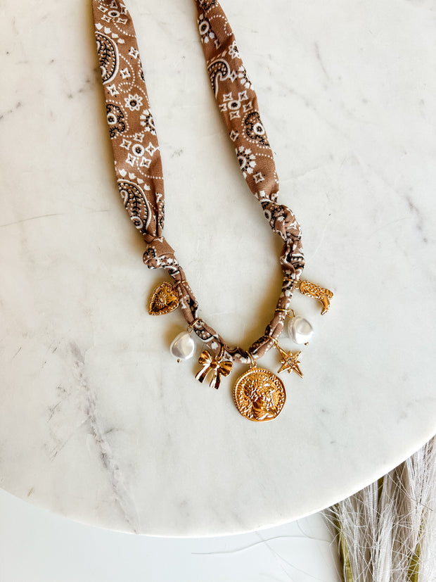 Scarf Necklace with Coin, Bow, & Pearl Charms - Brown