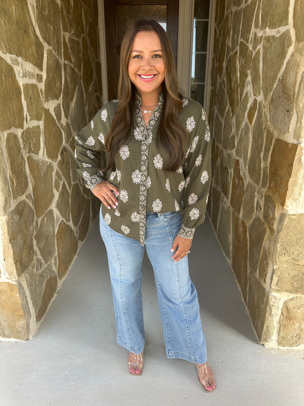 Daydream Damask Top - Olive