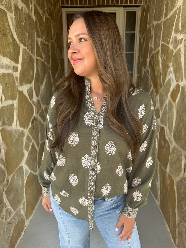 Daydream Damask Top - Olive