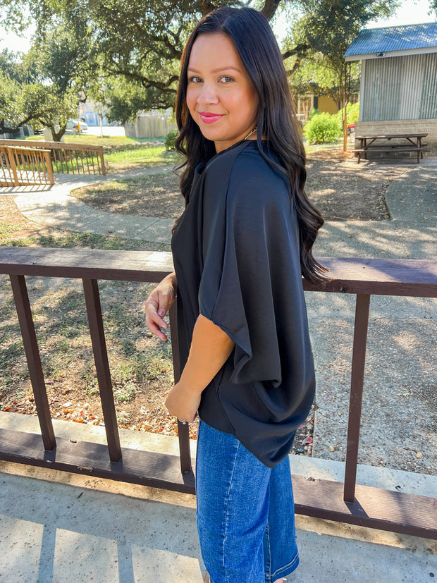 Cowl Neck Satin Top - Black