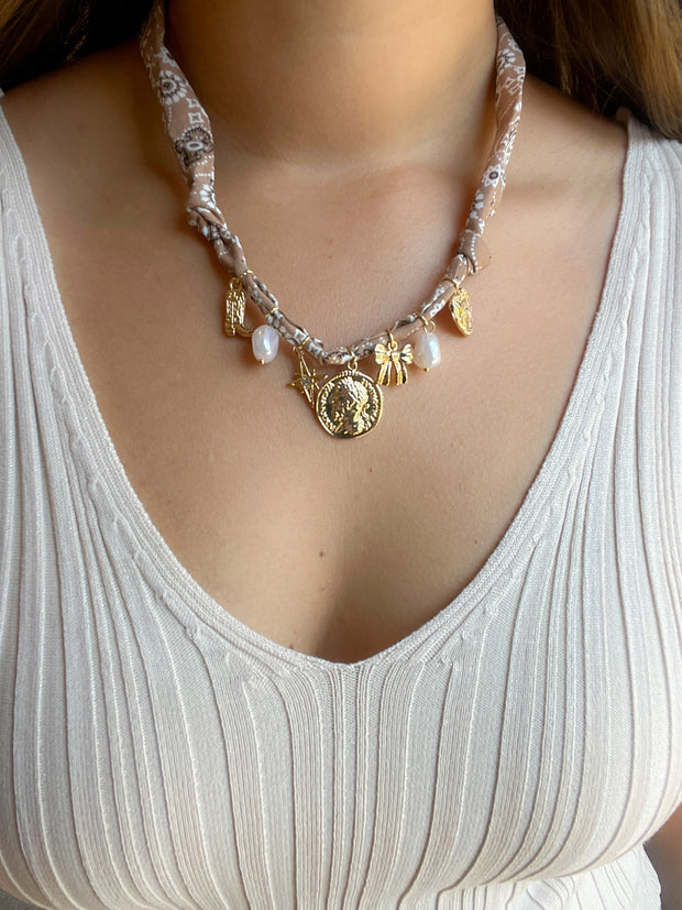 Scarf Necklace with Coin, Bow, & Pearl Charms - Brown